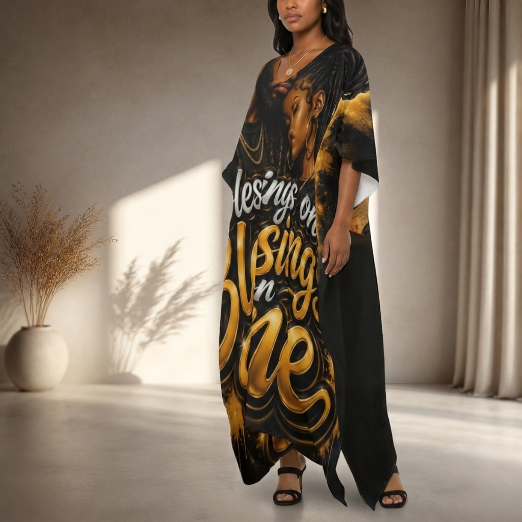 All-Over Print Women's Imitation Silk V-neck Kaftan Robe