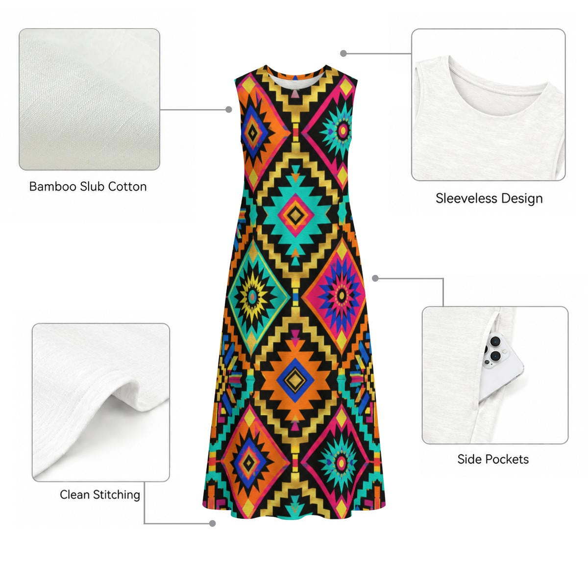 All-Over Print Women's Sleeveless Dress With Pocket|140GSM Slub Cotton