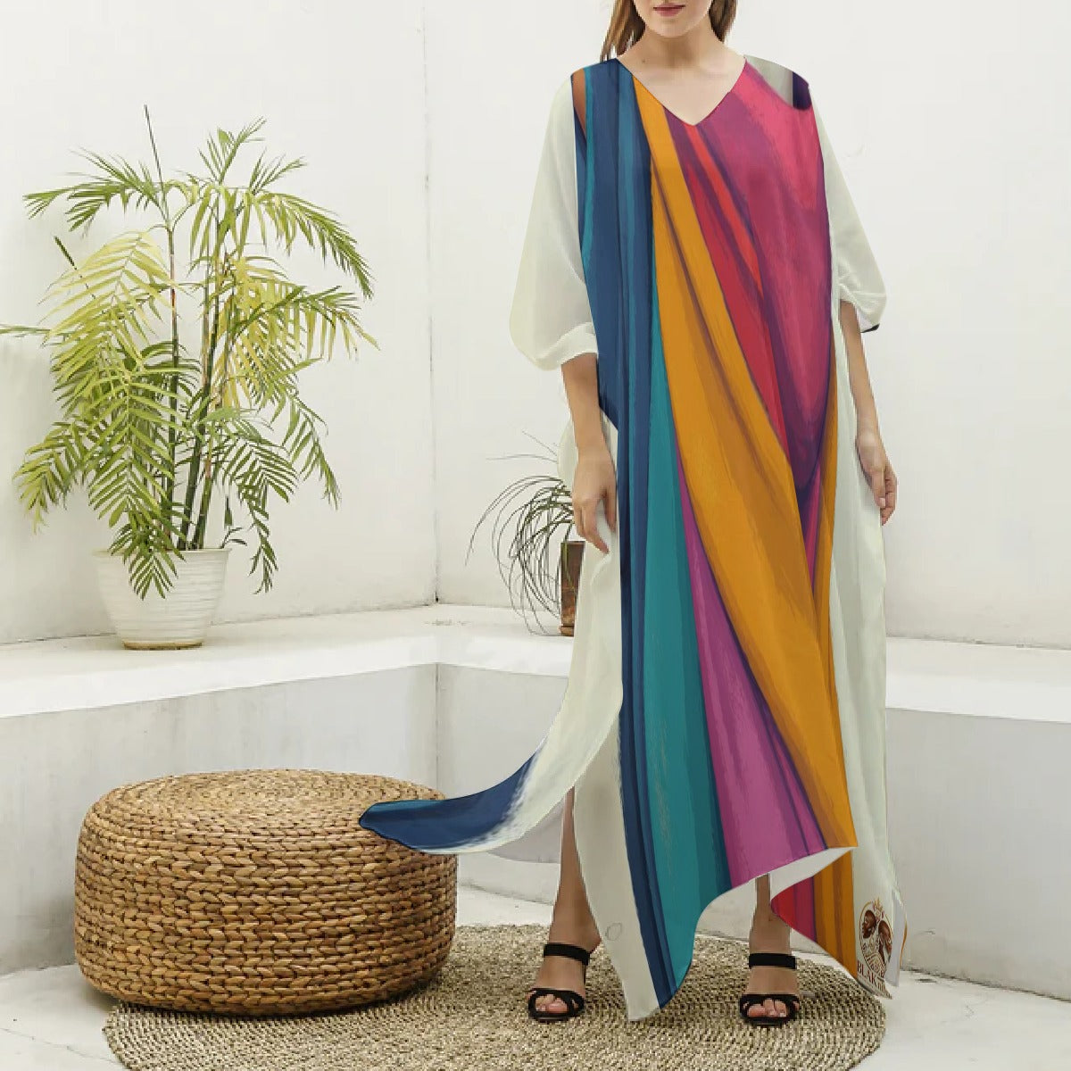 All-Over Print Women's Imitation Silk V-neck Kaftan Robe