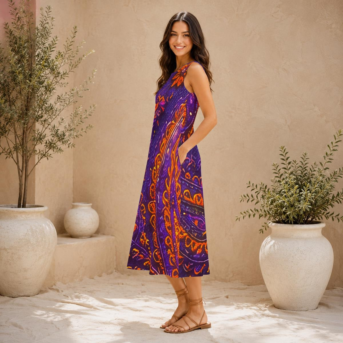 All-Over Print Women's Sleeveless Dress With Pocket|140GSM Slub Cotton