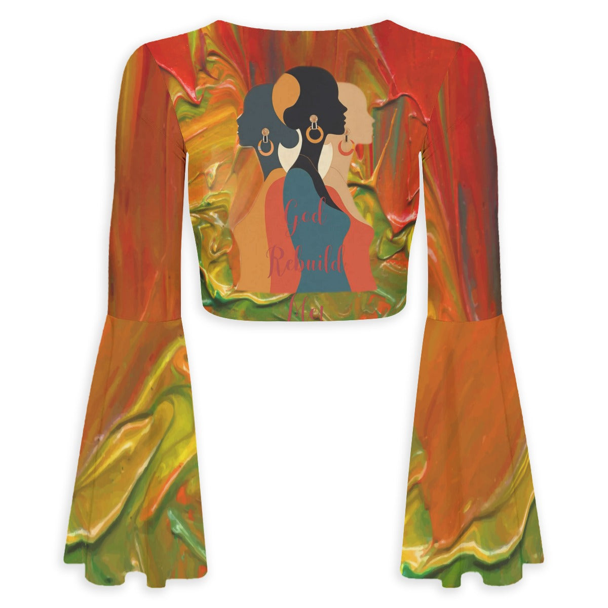All-Over Print Women's Elegant Flared Sleeve Tie-Front Crop Top