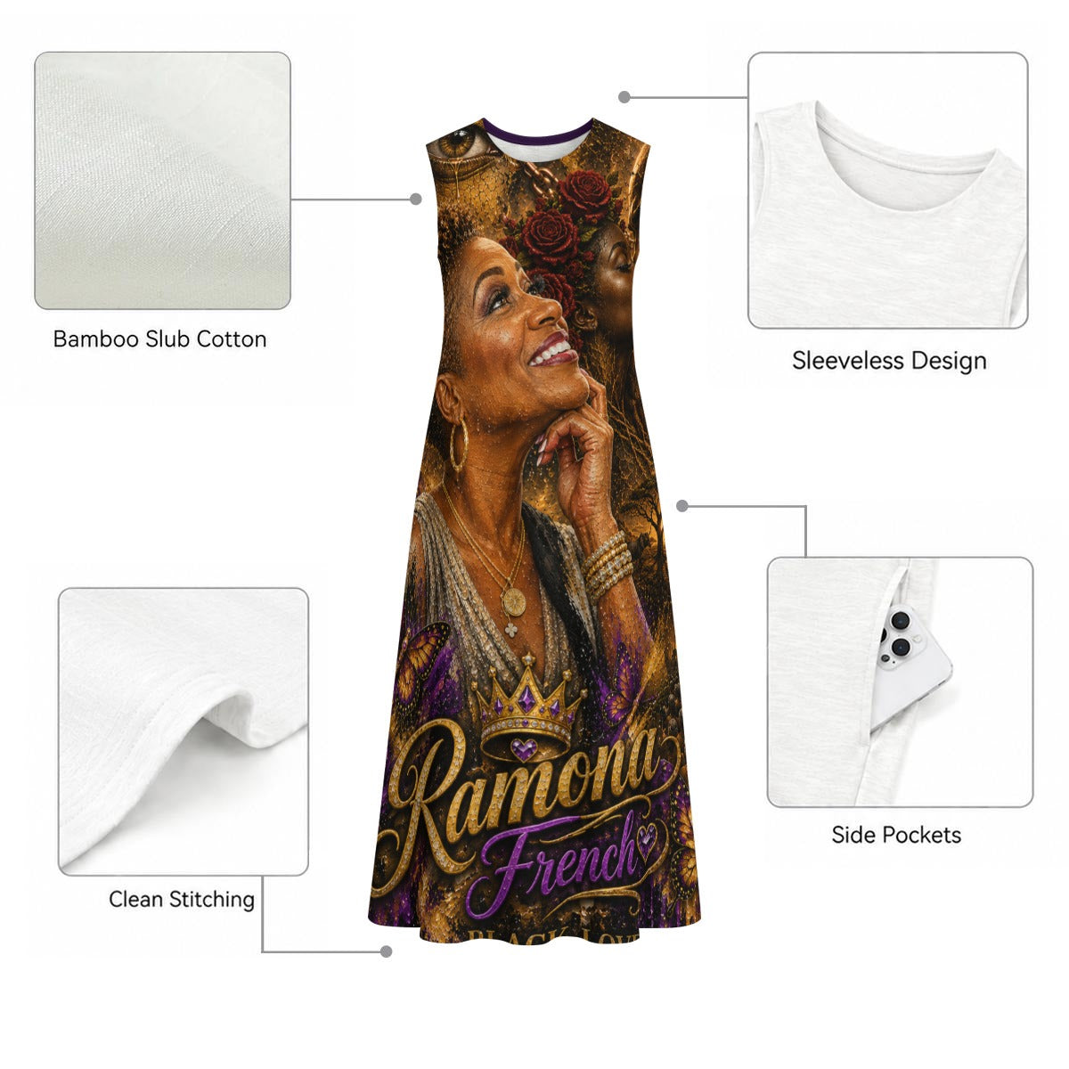All-Over Print Women's Sleeveless Dress With Pocket|140GSM Slub Cotton