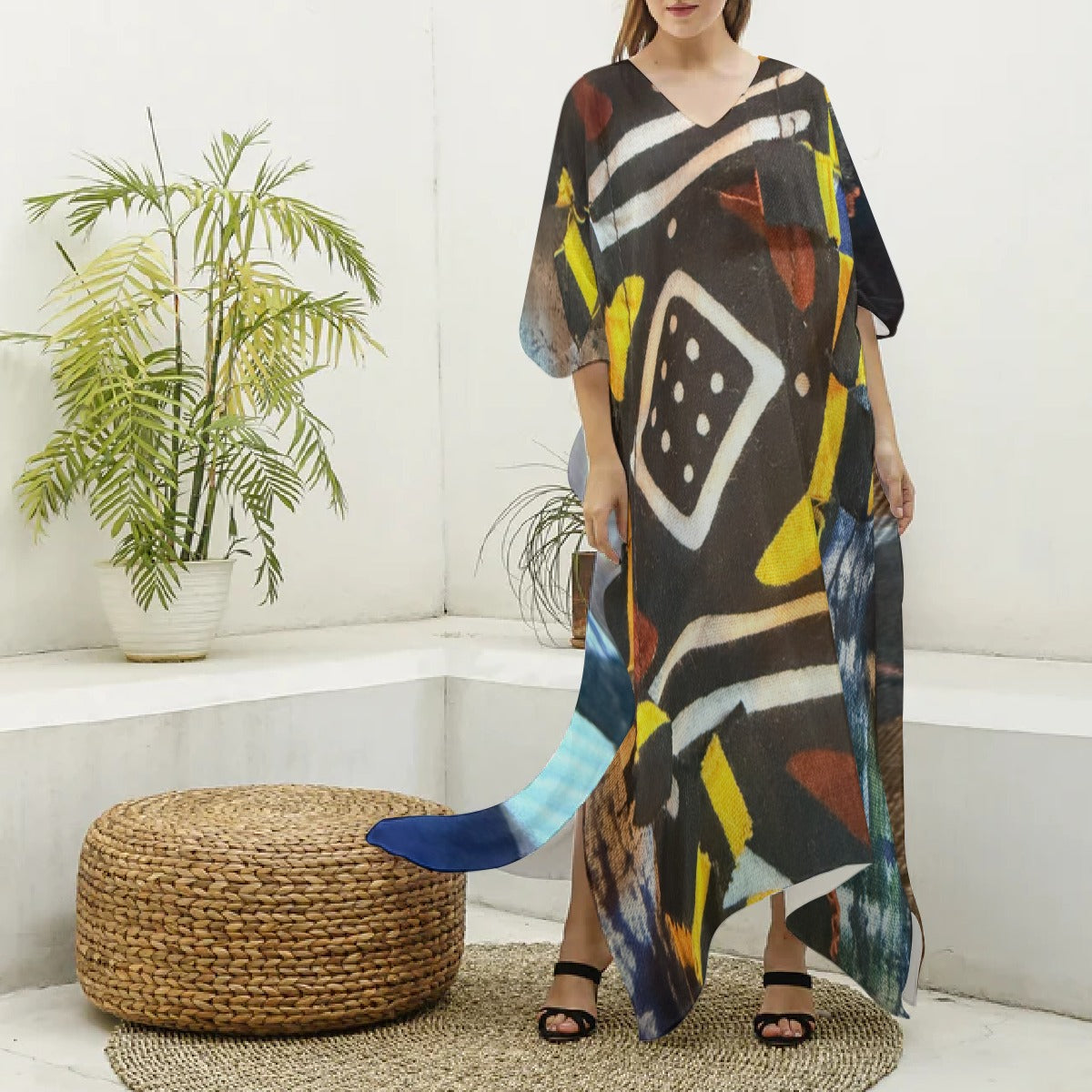 All-Over Print Women's Imitation Silk V-neck Kaftan Robe
