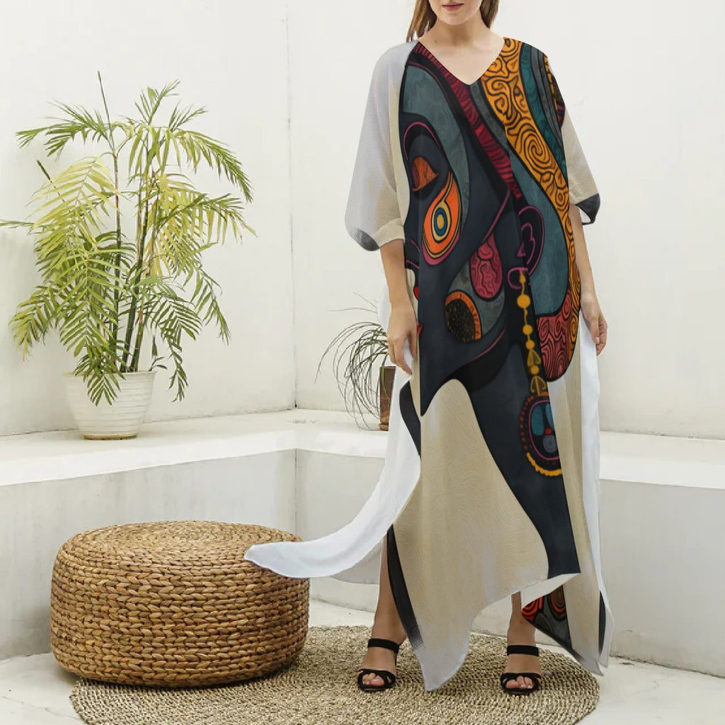 All-Over Print Women's Imitation Silk V-neck Kaftan Robe