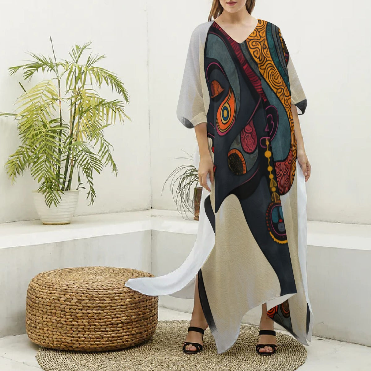 All-Over Print Women's Imitation Silk V-neck Kaftan Robe