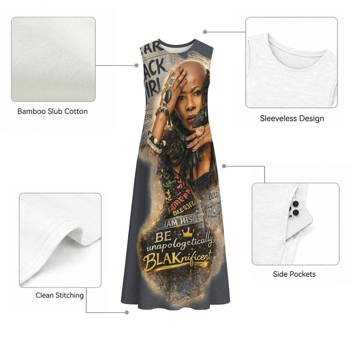 All-Over Print Women's Sleeveless Dress With Pocket|140GSM Slub Cotton