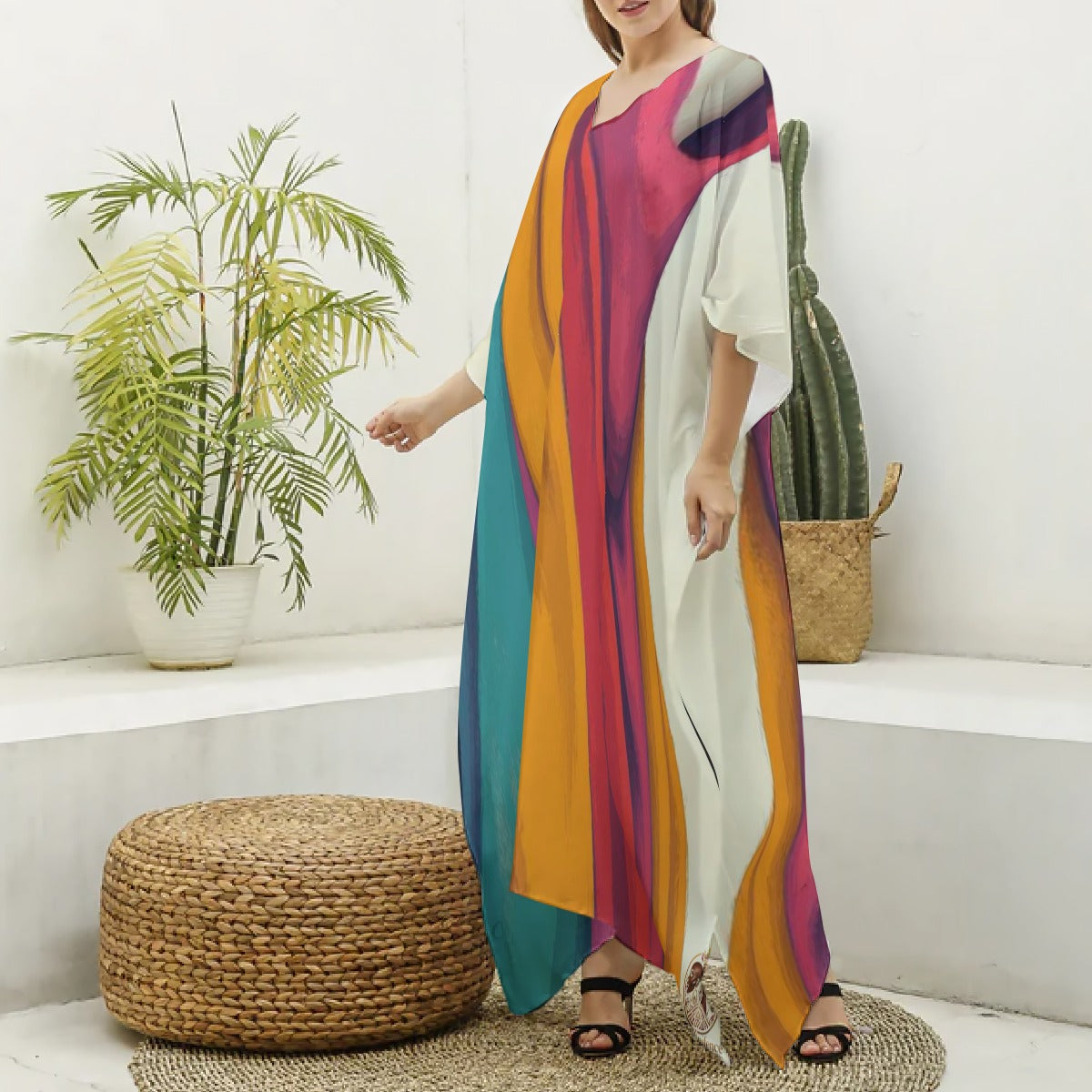 All-Over Print Women's Imitation Silk V-neck Kaftan Robe