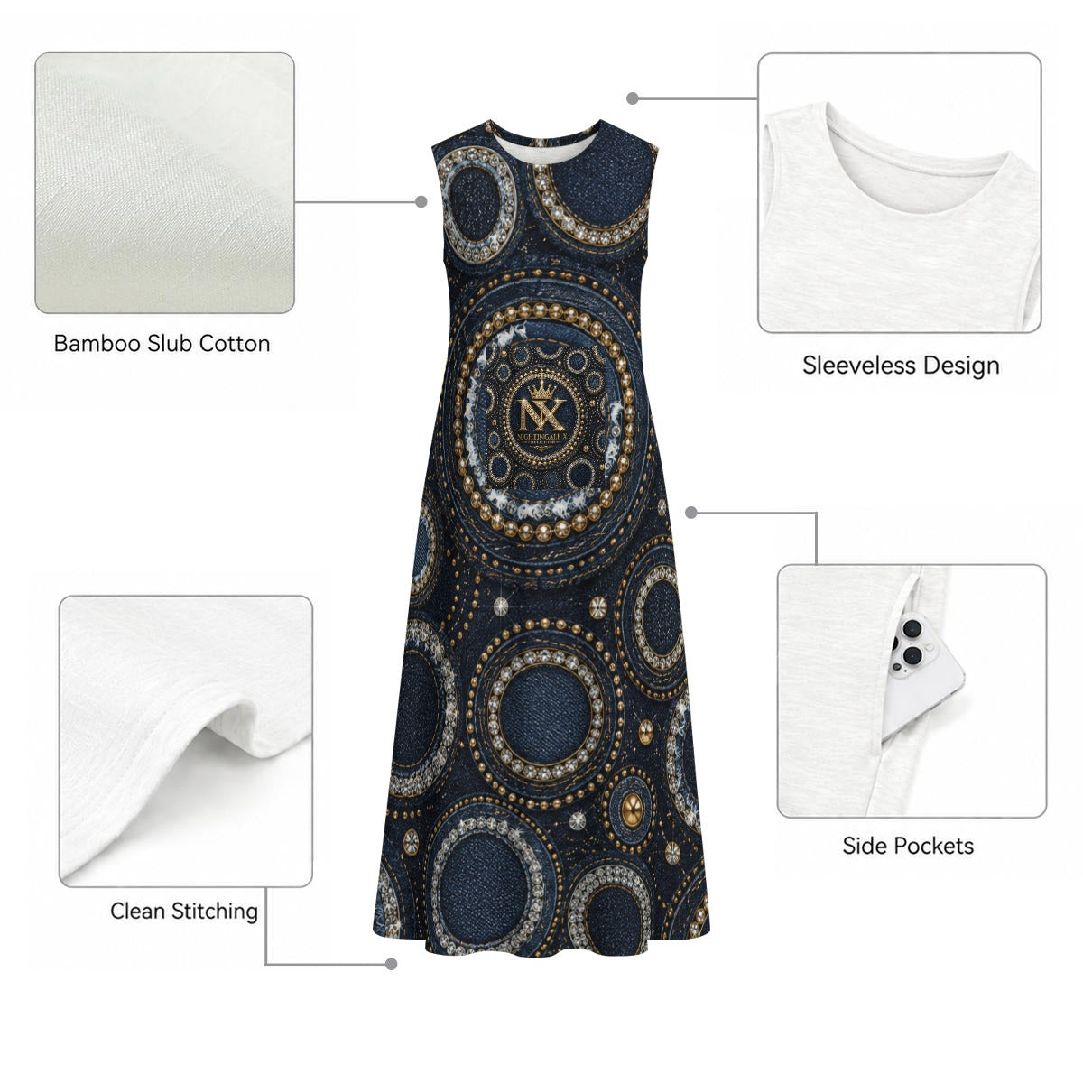 All-Over Print Women's Sleeveless Dress With Pocket|140GSM Slub Cotton