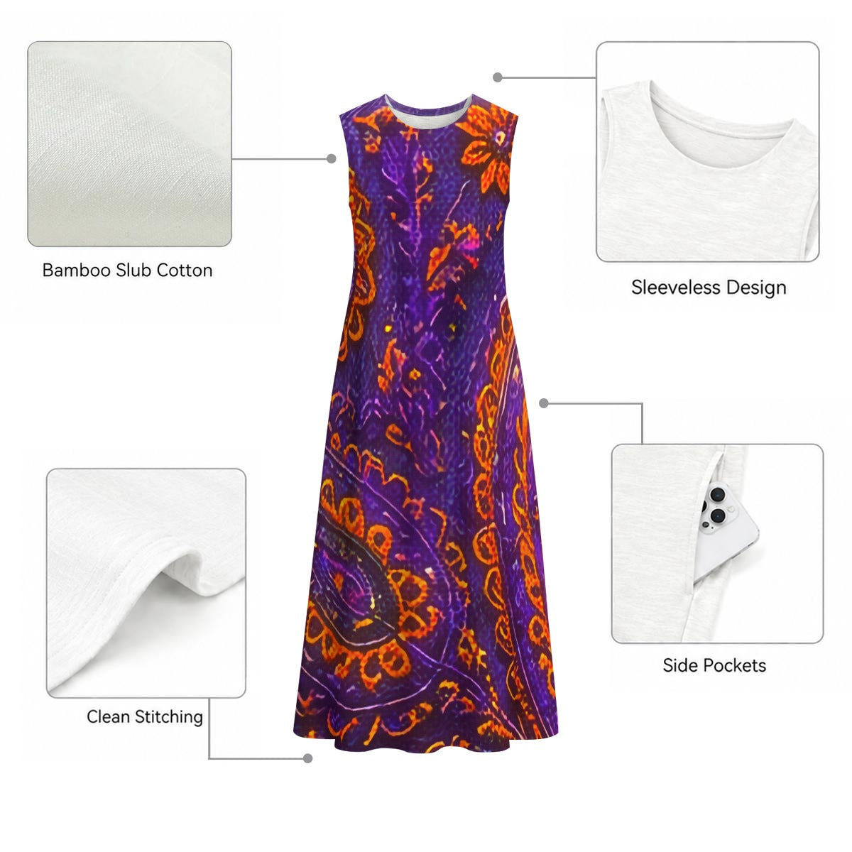 All-Over Print Women's Sleeveless Dress With Pocket|140GSM Slub Cotton