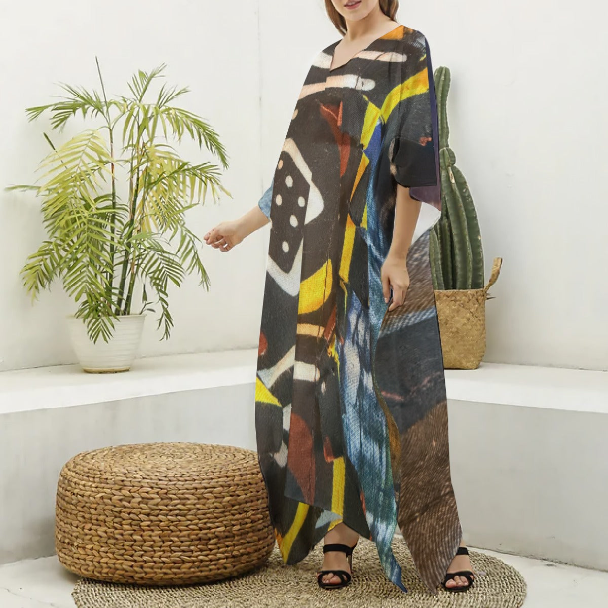 All-Over Print Women's Imitation Silk V-neck Kaftan Robe