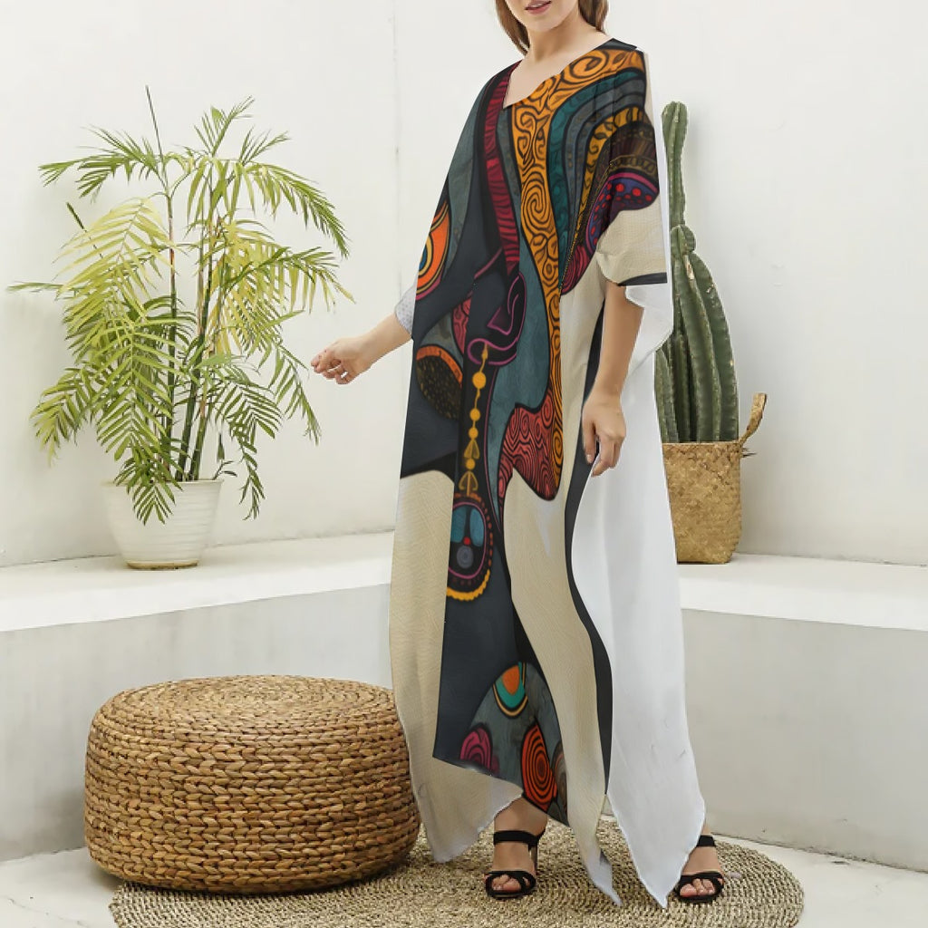 All-Over Print Women's Imitation Silk V-neck Kaftan Robe