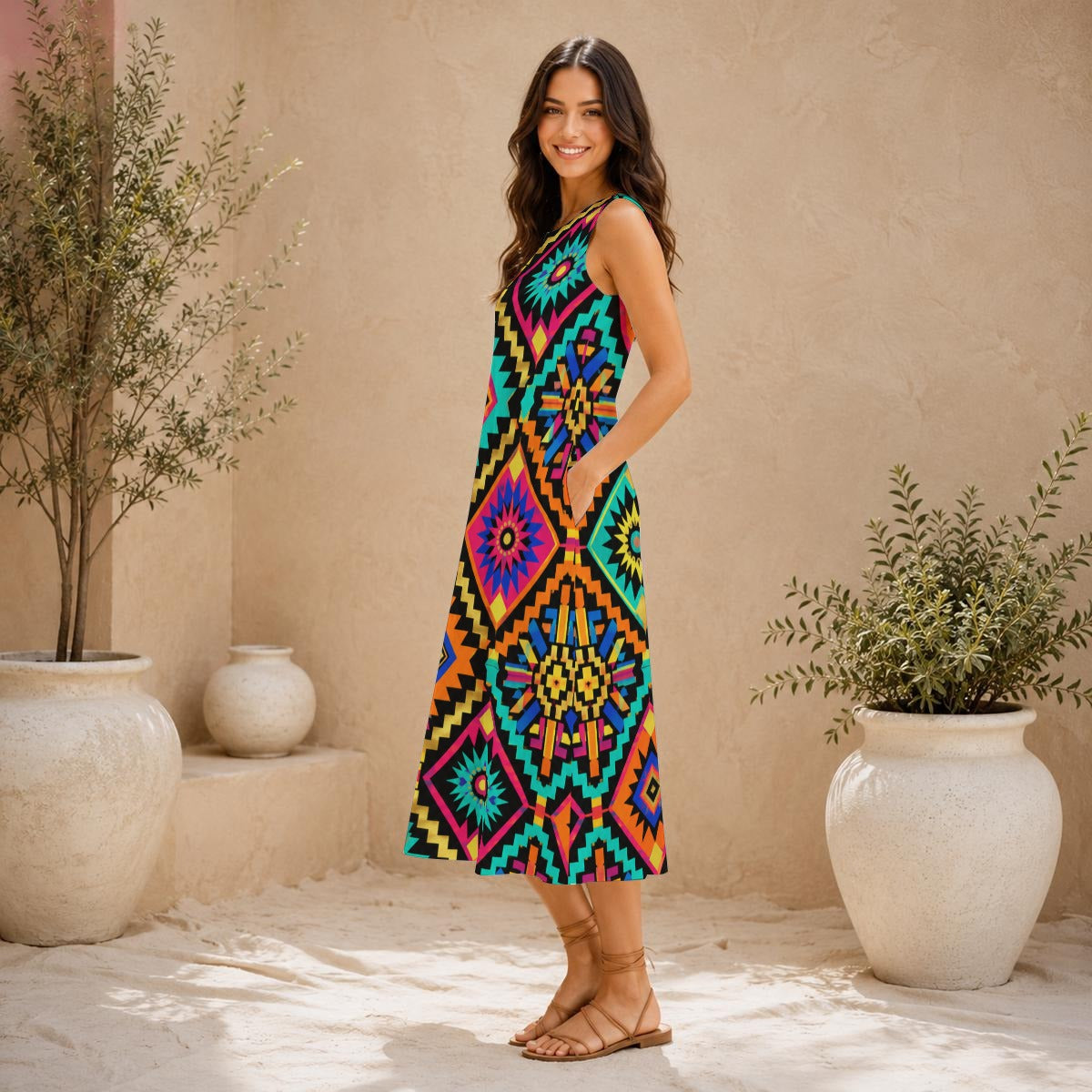 All-Over Print Women's Sleeveless Dress With Pocket|140GSM Slub Cotton