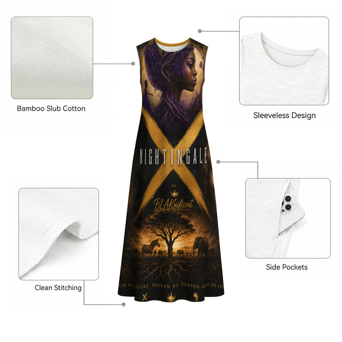All-Over Print Women's Sleeveless Dress With Pocket|140GSM Slub Cotton