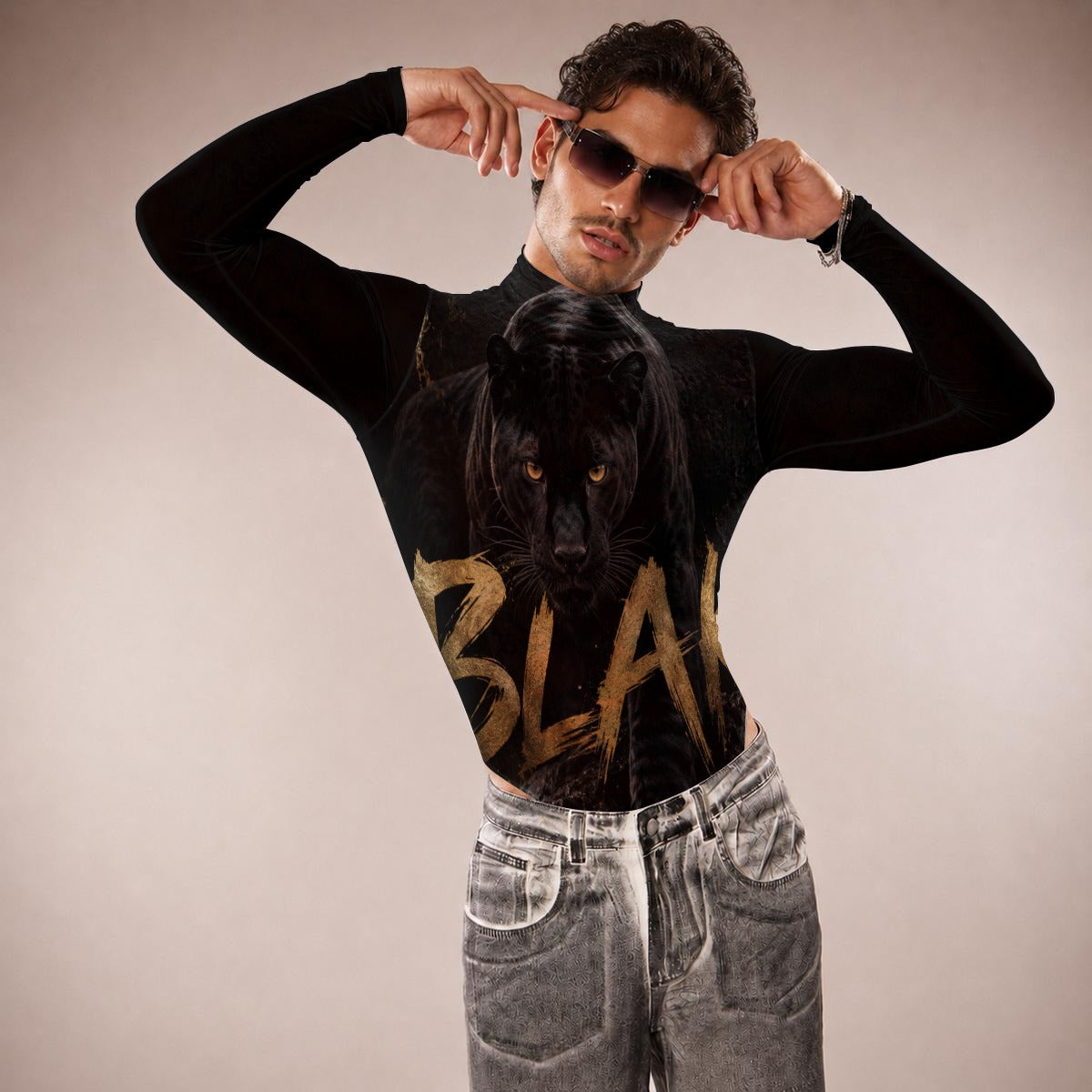 All-Over Print Men's Mesh Turtleneck Long Sleeve Bodysuit