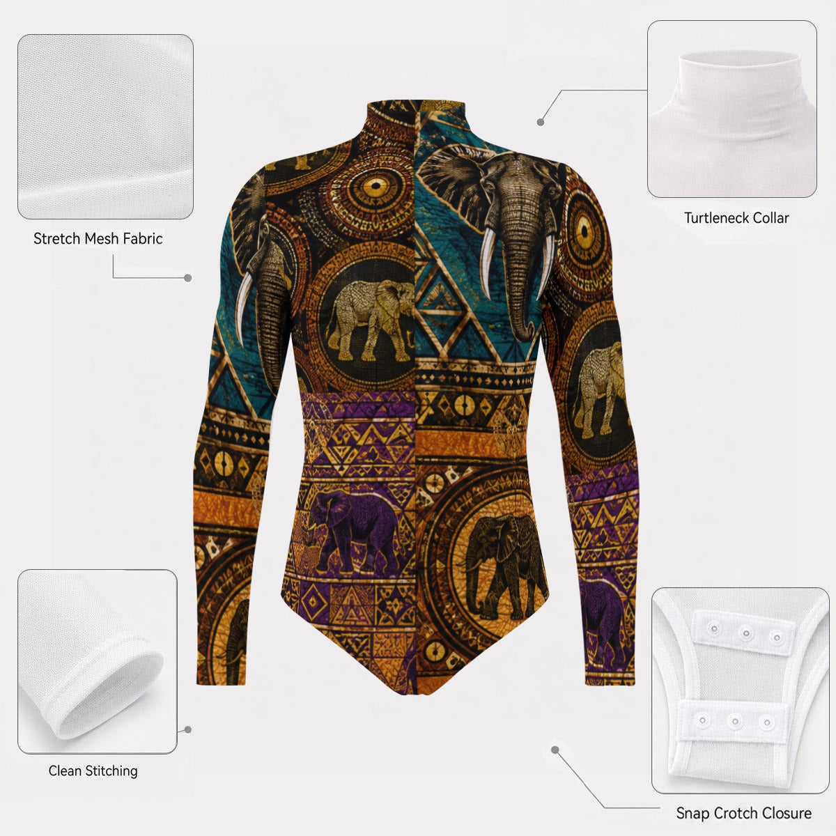All-Over Print Men's Mesh Turtleneck Long Sleeve Bodysuit
