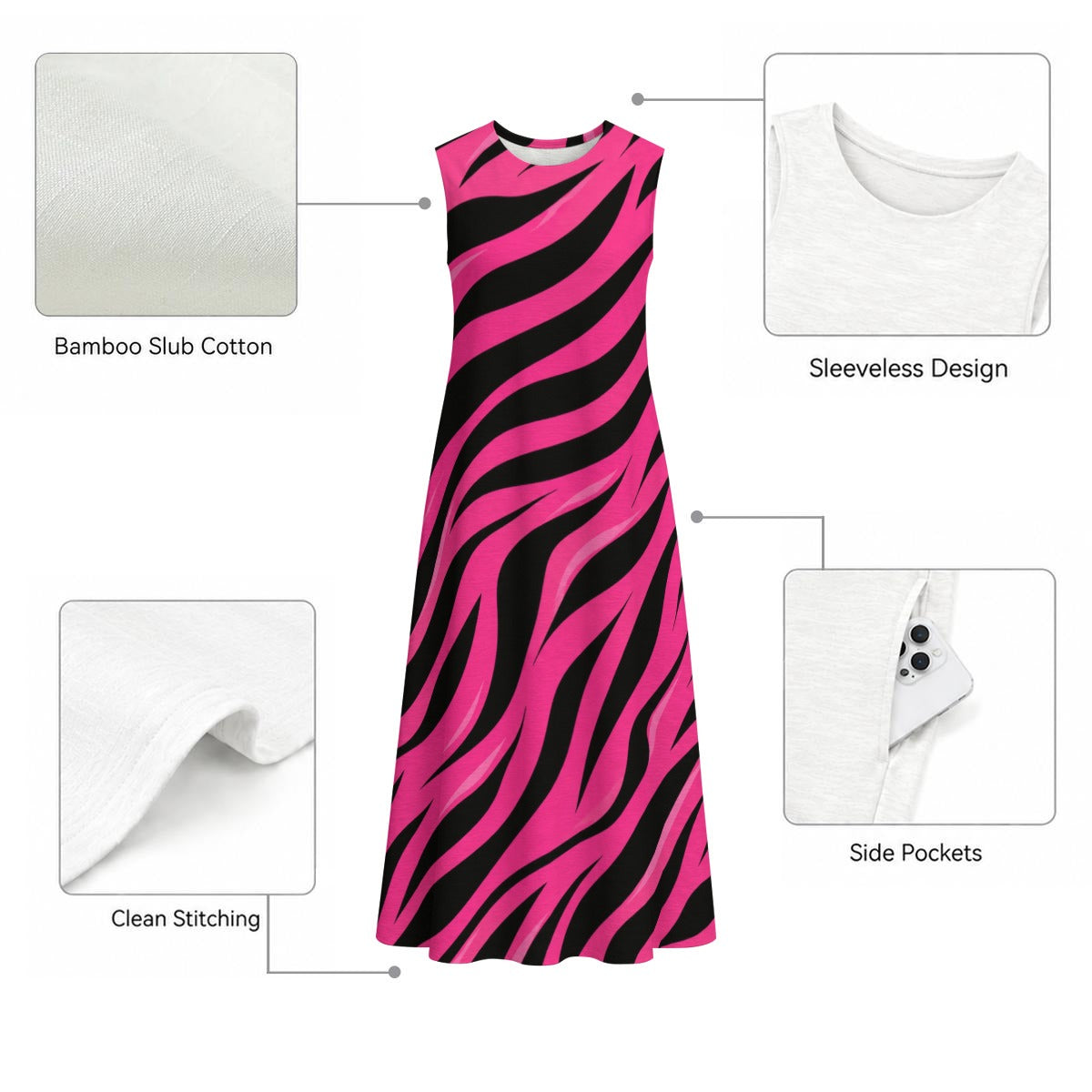 All-Over Print Women's Sleeveless Dress With Pocket|140GSM Slub Cotton