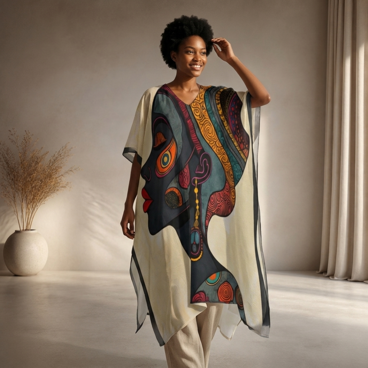 All-Over Print Women's Imitation Silk V-neck Kaftan Robe